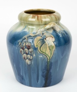 REMUED blue glaze pottery vase with applied grapes and leaves, incised "Remued, 42LM", 20cm high