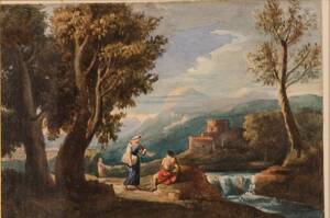 Italian early 19th century watercolour of figures in a landscape housed in a period gilt frame. 24.5cm x 17cm