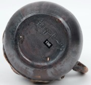PHILIPPA JAMES brown glazed pottery jug&nbsp; with pink interior, adorned with&nbsp;gumnuts and leaf with branch handle, incised "Philippa James" ​​​​​​, 14cm high, 17.5cm wide - 3