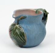 PHILIPPA JAMES pottery jug with applied gumnuts and juvenile gum leaf, glazed in blue and green with pink interior, incised "Philippa James" 7cm high, 9.5cm wide - 4