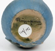 PHILIPPA JAMES pottery jug with applied gumnuts and juvenile gum leaf, glazed in blue and green with pink interior, incised "Philippa James" 7cm high, 9.5cm wide - 5