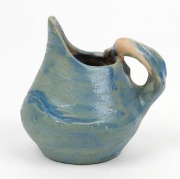 PHILIPPA JAMES pottery jug with applied wind swept branch handle, glazed in blue, incised "Philippa James" 9cm high, 9cm wide - 3