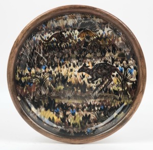 ARTHUR MERRIC BOYD and NEIL DOUGLAS pottery bowl with hand-painted scene of kangaroos in landscape, signed "Neil Douglas", 20.5cm diameter