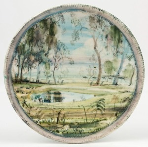 ARTHUR MERRIC BOYD and NEIL DOUGLAS pottery bowl with hand-painted scene of kangaroos in landscape, signed "Peppermint Gums - Australian Morning, From Sketch Made at Mt Dandenong, Australia, Neil Douglas, 1955", 19cm diameter
