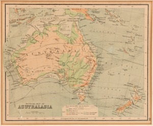 PHILLIPS maps of "Australia", "SOUTH-EAST AUSTRALIA", "NEW ZEALAND" and a "PHYSICAL MAP OF AUSTRALIA", 1898; (4 items; 3 framed).