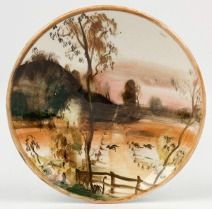 ARTHUR MERRIC BOYD and NEIL DOUGLAS pottery dish with hand-painted scene of kangaroos in farm landscape with post and rail fence, signed "Neil Douglas, Australia" and incised "Arthur Merric Boyd", 15.5cm diameter