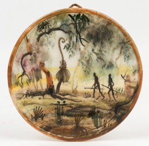 ARTHUR MERRIC BOYD and NEIL DOUGLAS pottery plaque with hand-painted scene of two Aboriginal warriors in landscape, signed "Yarloo, Hindarra, Australia, Neil Douglas", 11.5cm diameter