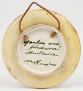 ARTHUR MERRIC BOYD and NEIL DOUGLAS pottery plaque with hand-painted scene of two Aboriginal warriors in landscape, signed "Yarloo, Hindarra, Australia, Neil Douglas", 11.5cm diameter - 2