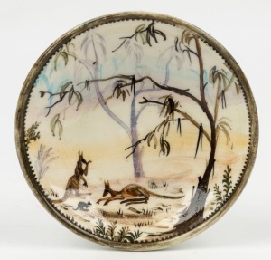 ARTHUR MERRIC BOYD and NEIL DOUGLAS pottery dish with hand-painted scene of resting kangaroos in bush landscape, incised "A. M. Boyd" 12cm diameter