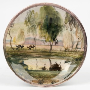 ARTHUR MERRIC BOYD and NEIL DOUGLAS pottery dish with hand-painted scene of two kangaroos in landscape with billabong, signed "Australia" and incised "A. M. Boyd", 11.5cm diameter