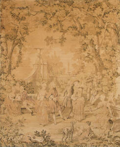 Antique French tapestry of a garden scene mounted on wooden stretcher. Height 237cm, width 194cm