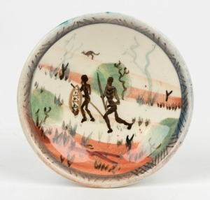 ARTHUR MERRIC BOYD and NEIL DOUGLAS pottery dish with hand-painted scene of two Aboriginal warriors in outback landscape hunting kangaroos, signed "Neil Douglas" and incised "A. M. Boyd", 10.5cm diameter