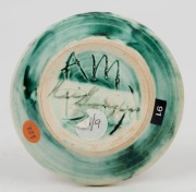 ARTHUR MERRIC BOYD and NEIL DOUGLAS pottery dish with hand-painted scene of two Aboriginal warriors in outback landscape hunting kangaroos, signed "Neil Douglas" and incised "A. M. Boyd", 10.5cm diameter - 2