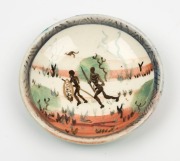 ARTHUR MERRIC BOYD and NEIL DOUGLAS pottery dish with hand-painted scene of two Aboriginal warriors in outback landscape hunting kangaroos, signed "Neil Douglas" and incised "A. M. Boyd", 10.5cm diameter - 3