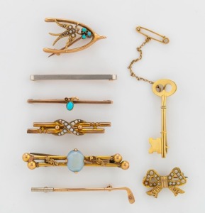 Eight antique bar brooches, comprising a key brooch by JOSEPH LAWRENCE of Melbourne, a South Australian bow brooch, a golf stick, a white opal, a wishbone and swallow plus three others, 9ct and 15ct gold as well as platinum topped example, circa 1900, 20.5 grams total