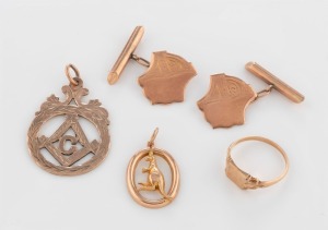 SAUNDERS of Sydney pair of 9ct rose gold cufflinks, together with a 9ct rose gold signet ring by WILLIAM DRUMMOND of Melbourne, plus a 9ct rose gold kangaroo pendant, and a 9ct gold Masonic fob, (4 items), 13 grams total