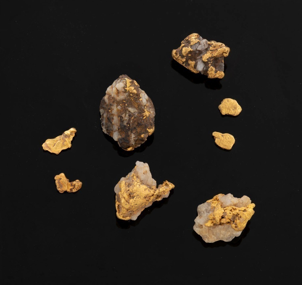 Eight assorted natural gold nugget mineral specimens (four on matrix), housed in six circular ...