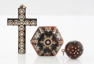An antique plique hexagonal brooch, cross pendant and sphere pendant, 19th century, (3 items), the cross 5.5cm high overall
