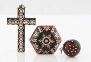 An antique plique&nbsp;hexagonal brooch, cross pendant and sphere pendant, 19th century, (3 items), ​​​​​​​the cross 5.5cm high overall