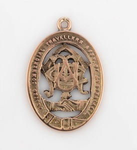 UNITED COMMERCIAL TRAVELLERS ASSOCIATION OF AUSTRALIA antique 9ct gold fob medallion, engraved "A.R. REYNOLDS, 20.1.23", ​​​​​​​3.3cm high overall, 5.7 grams