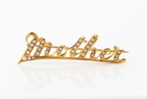ARONSON & Co. of Melbourne "MOTHER" brooch in 9ct yellow gold, set with seed pearls, 19th/20th century, stamped "9" flanked by pictorial marks, 5.5cm wide, 3.3 grams