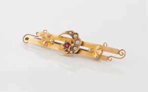 ROBERT ROBERTSON & SONS of Melbourne crescent and star 9ct yellow gold bar brooch, set with red stone and seed pearls, 19th century, stamped "R. 9ct" with pictorial mark, 5.5cm wide, 2.3 grams