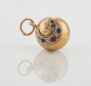 An antique 15ct gold bauble pendant, set with diamonds, sapphires and a ruby, circa 1880, 2.7cm high overall, 3.8 grams