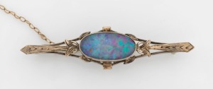 RHODA WAGER attributed, white metal and opal brooch, circa 1930, 5.3cm wide, 4.2 grams