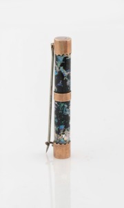 An antique 9ct rose gold brooch with glass cylinder of opal specimen chips, 19th century, 5.8cm wide
