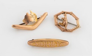 Three antique Australian 9ct gold brooches, comprising a kangaroo, a boomerang and Australian map, and a "BABY" brooch, 19th/20th century, the largest 3.9cm wide, 4.4 grams total