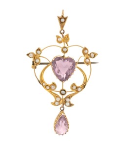 WILLIS & SONS of Melbourne antique 9ct yellow gold brooch, set with two large amethysts and seed pearls, circa 1900, stamped "9.W." with unicorn mark, 6cm high, 4.7 grams