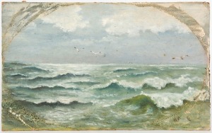 Group of 4 unframed artworks, including oil on board seascape, etching of mother and child, Christmas card woodblock and a watercolour seascape, 19th and 20th century, the largest 23 x 37cm 