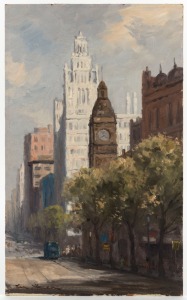 LEON HANSON (1918-2011), Collins Street & Town Hall, oil on board, signed lower right "Leon Hanson", titled verso, 51 x 30.5cm&nbsp;