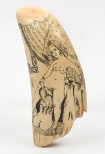 A scrimshaw whale's tooth adorned with erotic scene, 17cm high