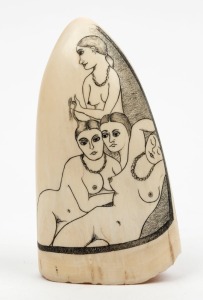 A scrimshaw whale's tooth adorned with four Sirens, 10.5cm high