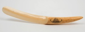 An antique ivory paperknife with scrimshaw vignettes of tallship and sea captain, 19th/20th century, ​​​​​​​31cm long