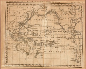 Antique French map titled &lsquo;Oc&eacute;anie ou cinqui&egrave;me partie du monde&lsquo;1826,&nbsp;centred on the Pacific, with Asia and Australia (Nouvelle Holland) and North and South America; by Herisson. 20 x 24cm; framed 31 x 35cm overall.