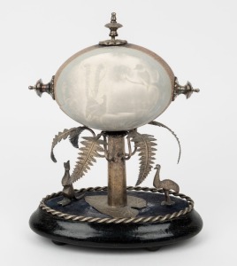 An antique Australian silver plated emu egg ornament (damaged), 19th century, 22cm high