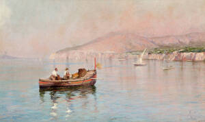 OSCAR RICCARDI (Italian, 1864-1935):&nbsp;Fishermen, oil on canvas laid on board&nbsp;signed lower right.&nbsp;30 x 50cm