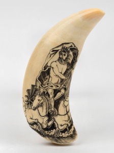 A scrimshaw whale's tooth depicting Neptune, 15cm high