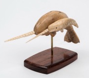 A carved whalebone narwhal figure group on wooden stand, 14.5cm wide - 2