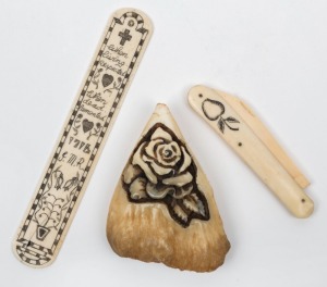 A scrimshaw whalebone busk with engraved decoration, a whalebone pocketknife engraved with an apple and a whale's tooth carved with rose decoration, (3 items), the busk 15cm long