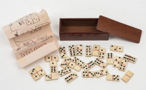 DOMINOES antique set of whalebone pieces in mahogany box, pocket size, 19th century, the box 5.5cm long