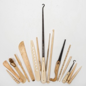 Seventeen assorted whale bone implements including bone saw, boot hook, bodkins etc., the largest 30cm long