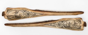 A scrimshaw jawbone with whaling and nautical scenes, 36cm long