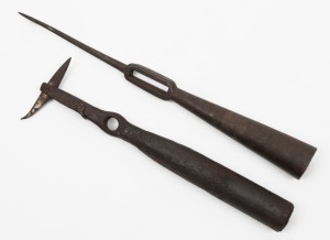 An antique harpoon tip with folding toggle, together with unusual small size harpoon tip, 19th century, (2 items), 27cm long and 29.5cm long