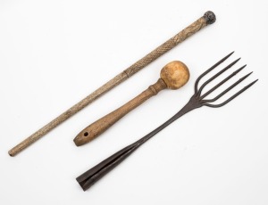 Small whale harpoon, bone mallet and whalebone swagger stick with silver top, 19th century, (3 items), the largest 44cm high