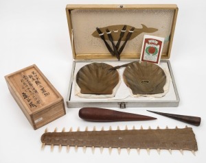 Boxed Japanese scallop set made from baleen, sawfish rostrum (holed for mounting), timber fid with iron tip, timber fid, and a Japanese timber box, 19th/20th century, (5 items), ​​​​​​​the rostrum 37cm long