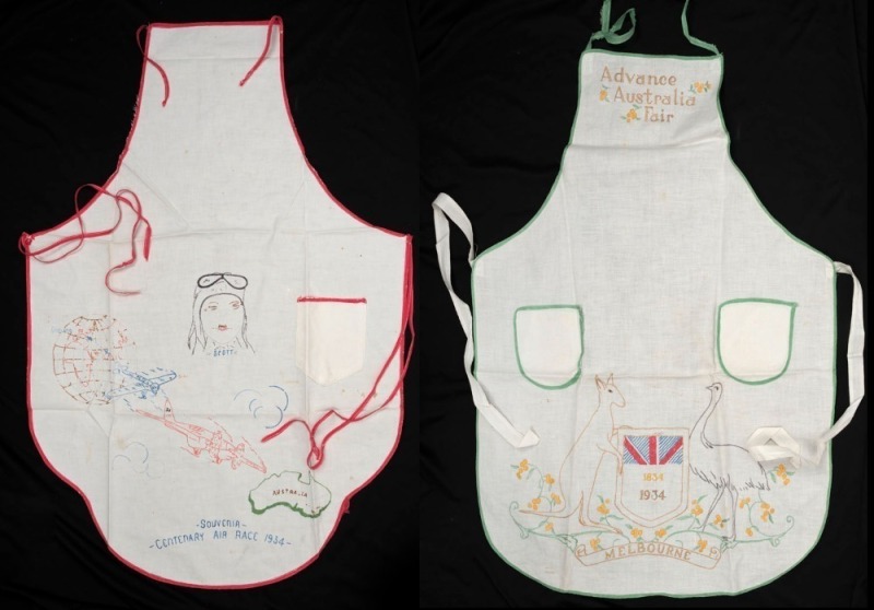 Two embroidered aprons, one created as a souvenir of the 1934 Centenary Air Race, the other created to commemorate the establishment of Melbourne.