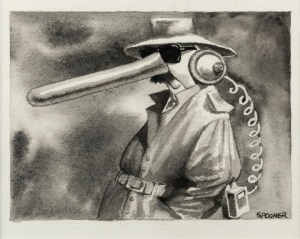 JOHN SPOONER (1946 - ), High Tech Spy, monochrome watercolour, signed lower right, "Spooner", gallery label title verso, 16 x 19cm, 52 x 42cm overall